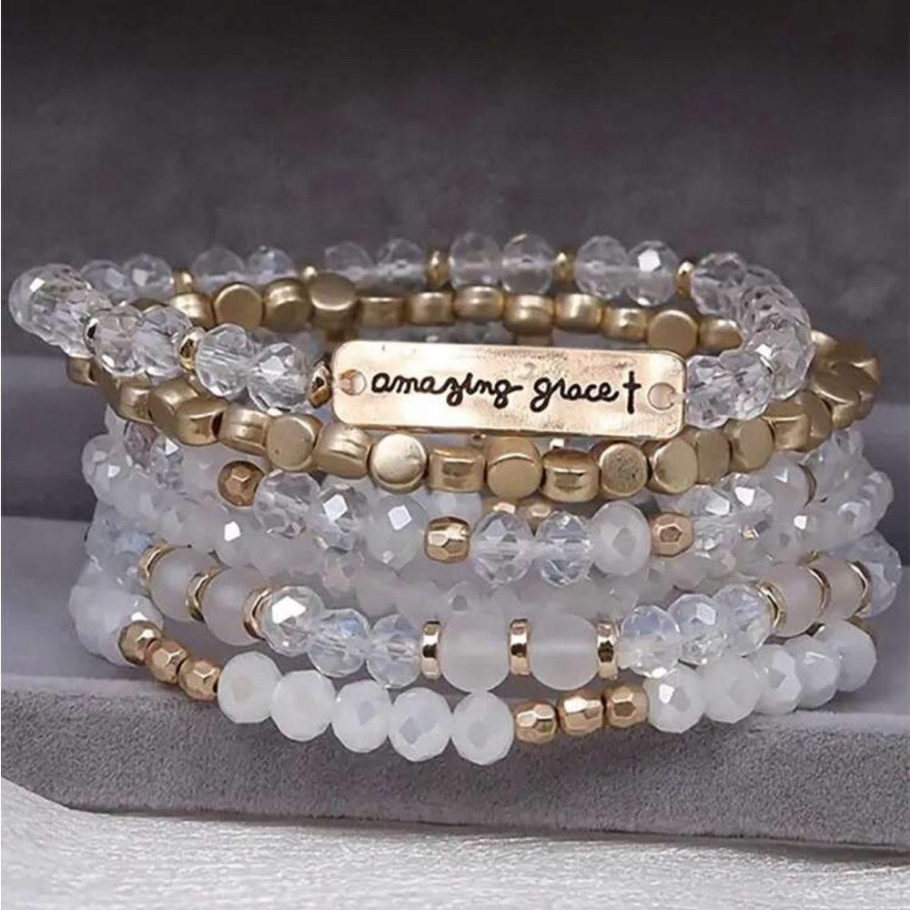 Amazing Grace Gold and White Beaded Bracelet Set